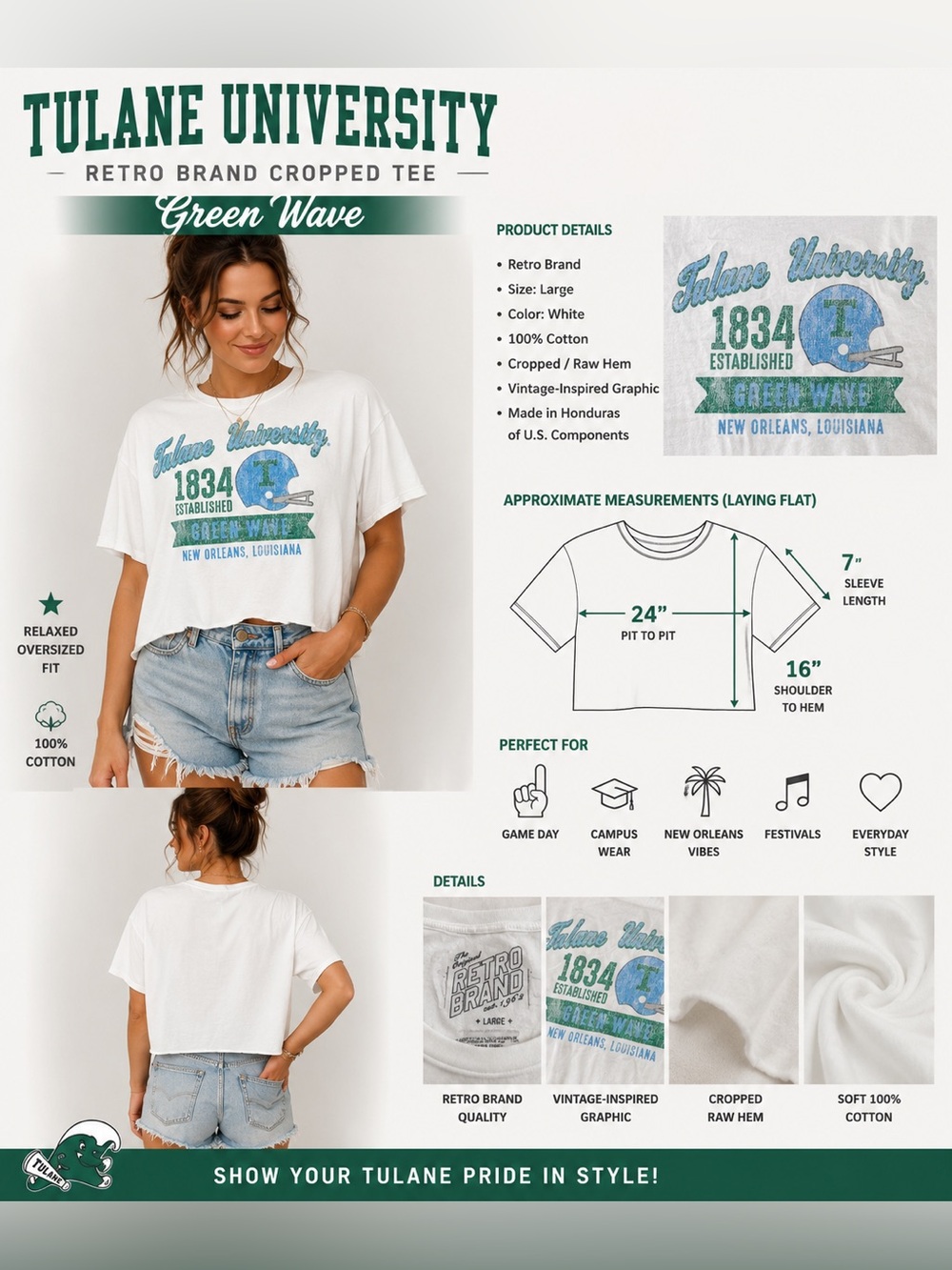 Retro Brand Tulane University Green Wave Cropped Graphic T Shirt Women's Large